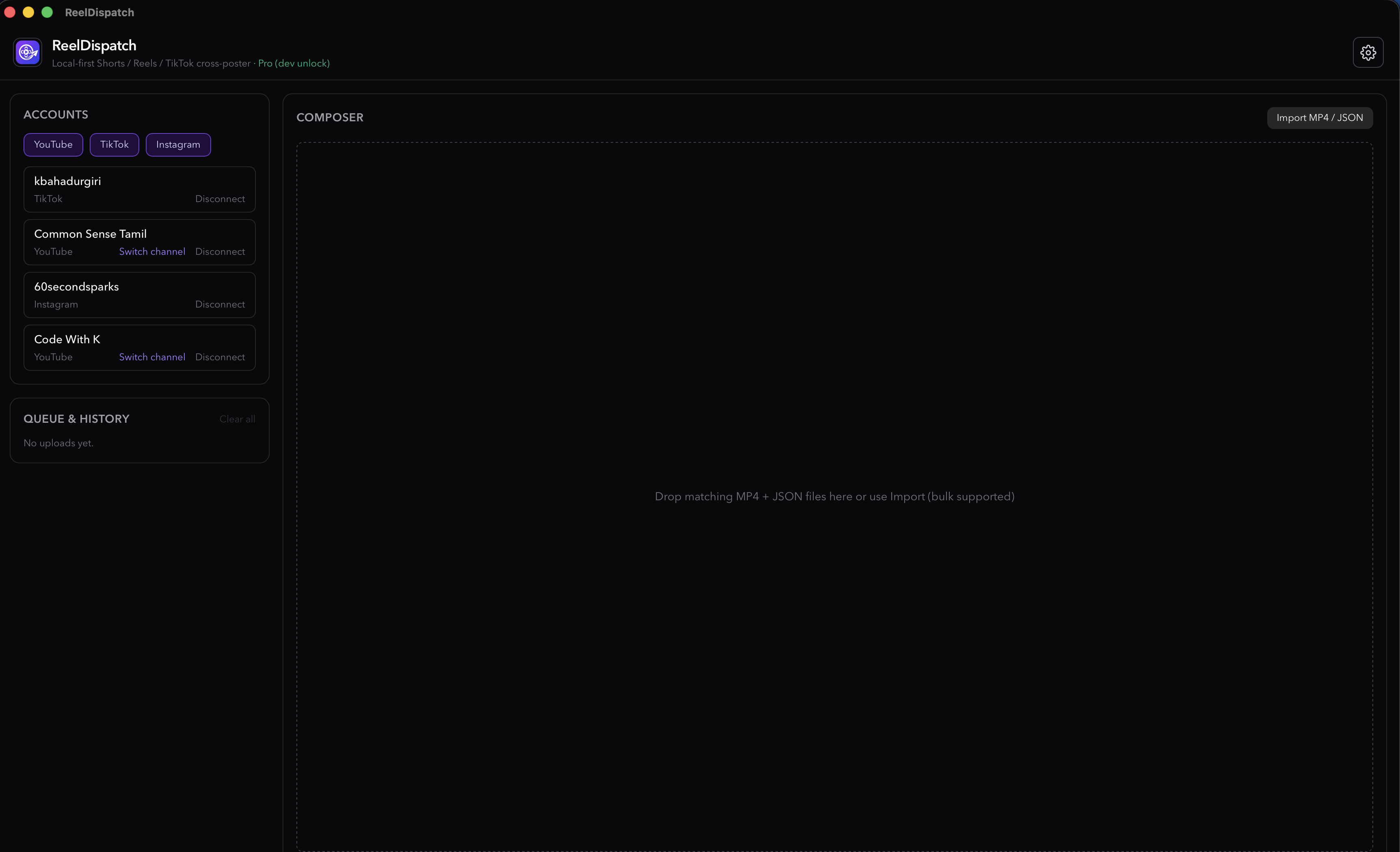 ReelDispatch empty composer with connected YouTube, TikTok, and Instagram accounts