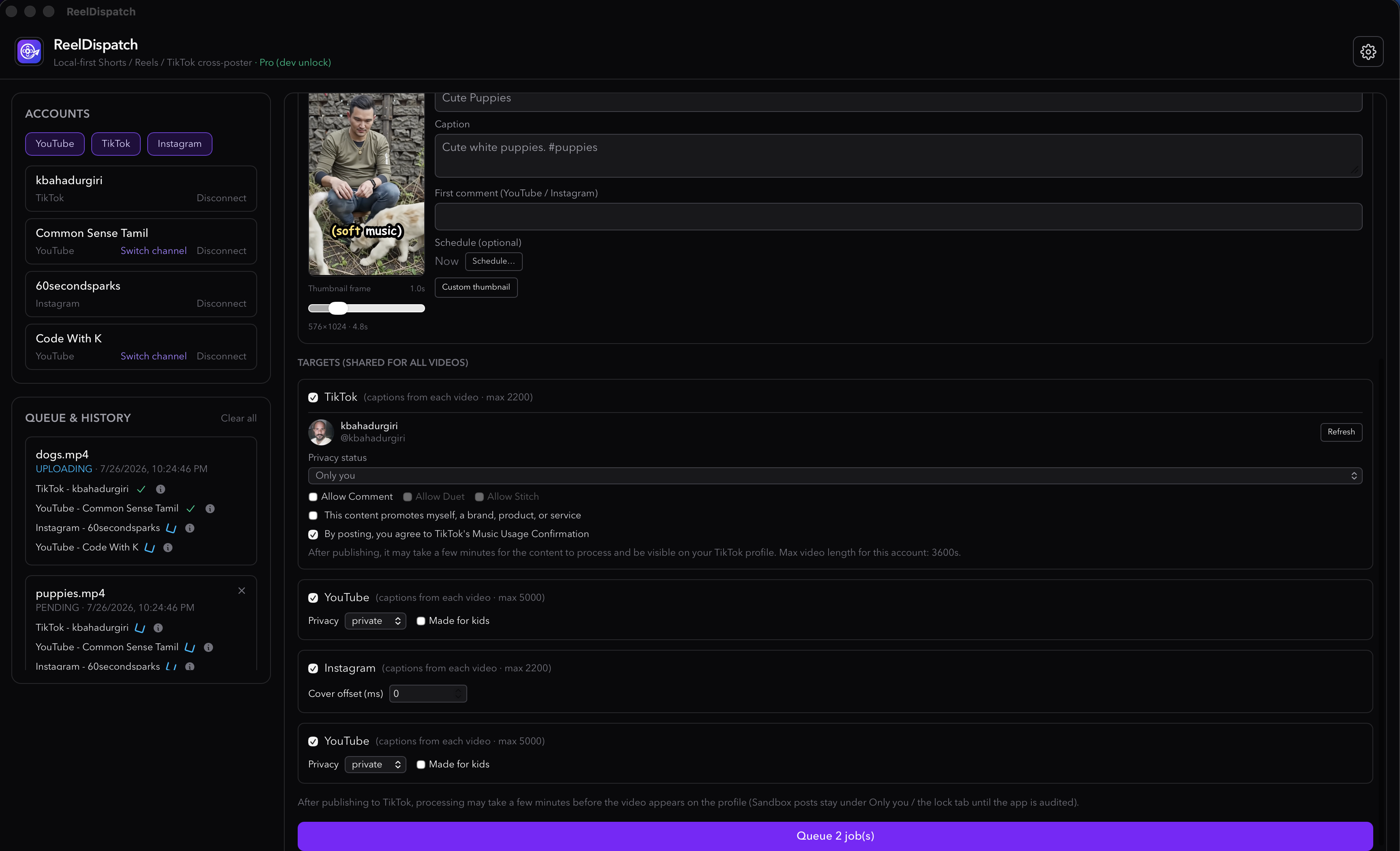 ReelDispatch queue and history showing uploading and pending cross-posts